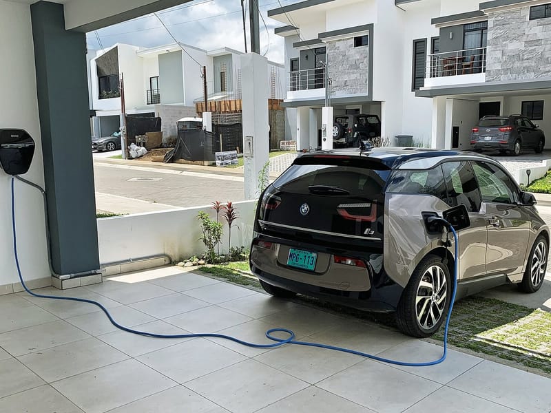 An electric car charging at a house
